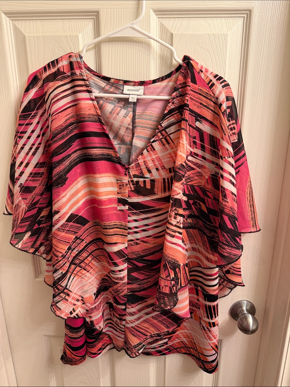 Avenue Multicolor Pink, Black & Orange Abstract Flutter Sleeve Blouse